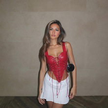 欧美风2025秋季新款女装时尚辣妹性感镂空露背撞色绑带PU皮小背心