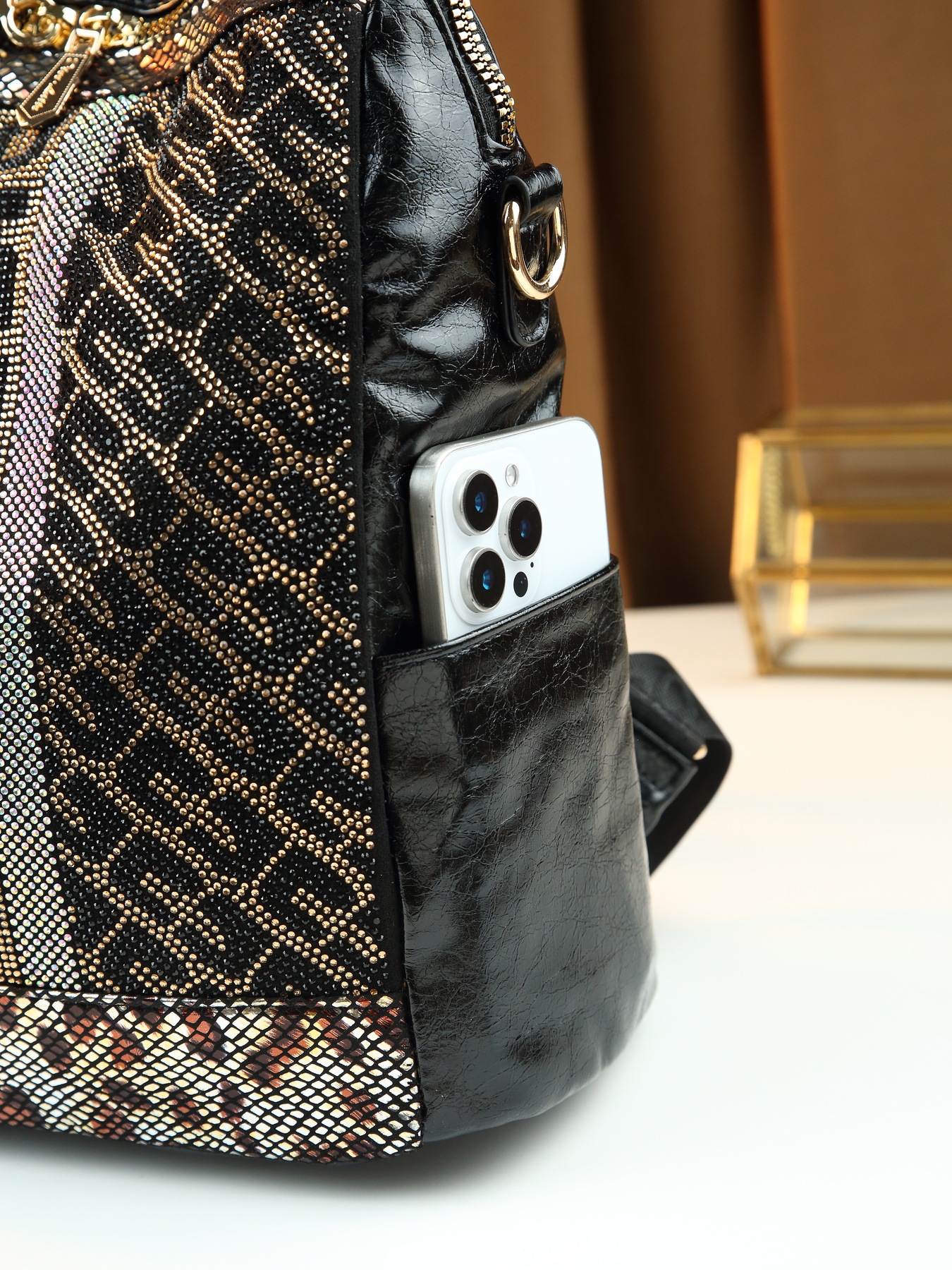 Women's Rhinestone Square Backpack Casual Shoulder Tote Bag_voghion.com