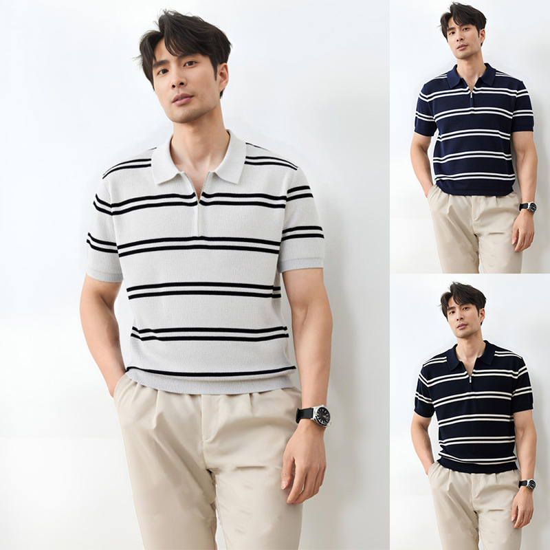 Camisas de polo de manga corta de vello de estilo de verano, camisetas de hielo con media cremallera a rayas, fábrica transfronteriza al por mayor image 1