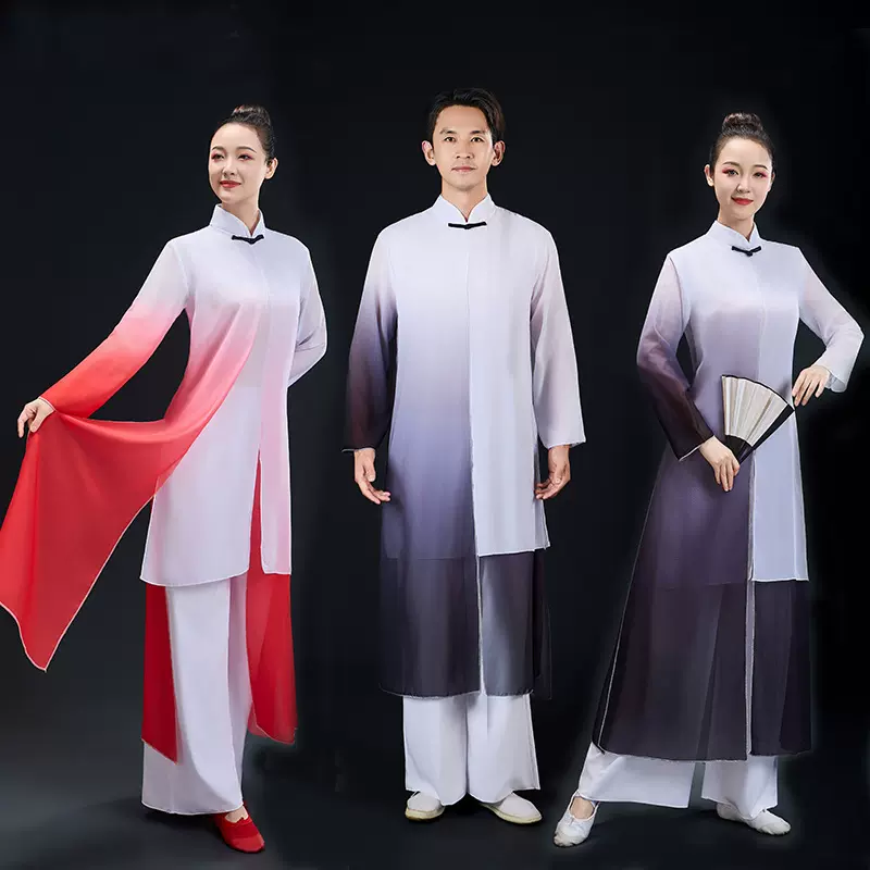 新款男女古典演出服飘逸中风太极舞蹈服水墨舞剑少年强扇子垒德株