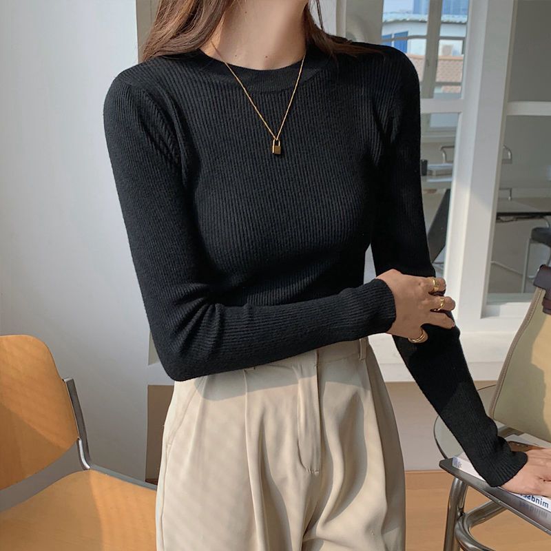 Black sweater women's New 2023 popular bottoming shirt spring and autumn inner thin tight top round neck sweater Black sweater women's New 2023 popular bottoming shirt spring and autumn inner thin tight top round neck sweater