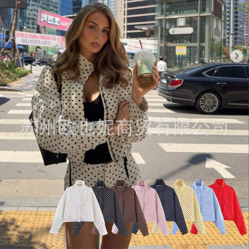 High-Quality Za Cross-Border European and American Style Women's Clothing, Stand-Up Collar Early Autumn Polka Dot Bubble Gauze Jacket, Loose Drawstring Pilot Jacket