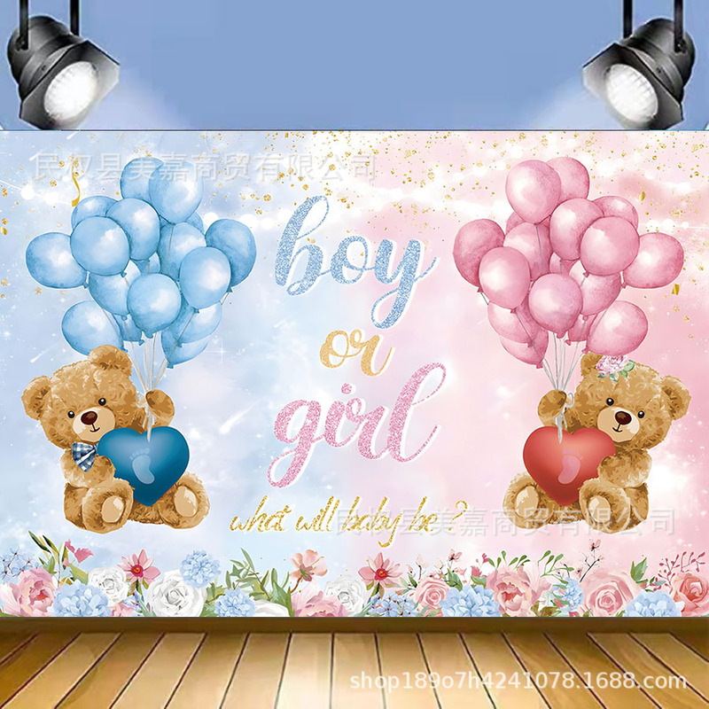 Cartoon Bear Boy Girl Gender Reveal Party Photo Banner Blue Pink Baby Shower Background Cloth