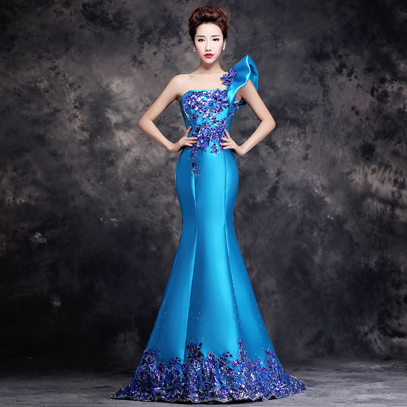 Evening Dress One-Shoulder Fashion Long Fishtail Trailing Slim-Fit Skinny Annual Meeting Host Catwalk Banquet Evening Dress