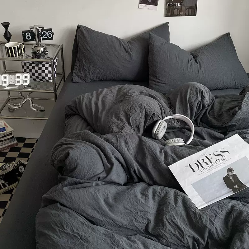 ins风纯色水洗棉床上四件套日式超柔床单被套床笠学生宿舍三件套4