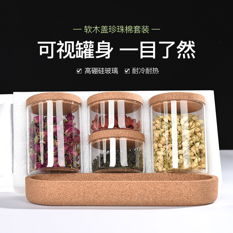 Wholesale Cork Lid Small Glass Jar with Wooden Tray Condiment Jar Set Kitchen Storage Organizer Glass Sealed Jar