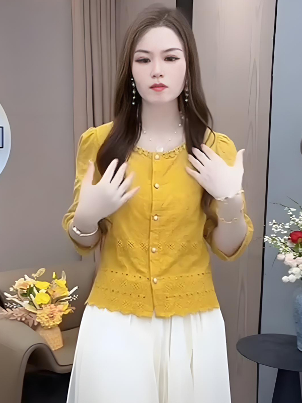 甜美时尚长袖衬衫女洋气七分袖镂空上衣早秋爆款休闲宽松拼接衬衣|undefined