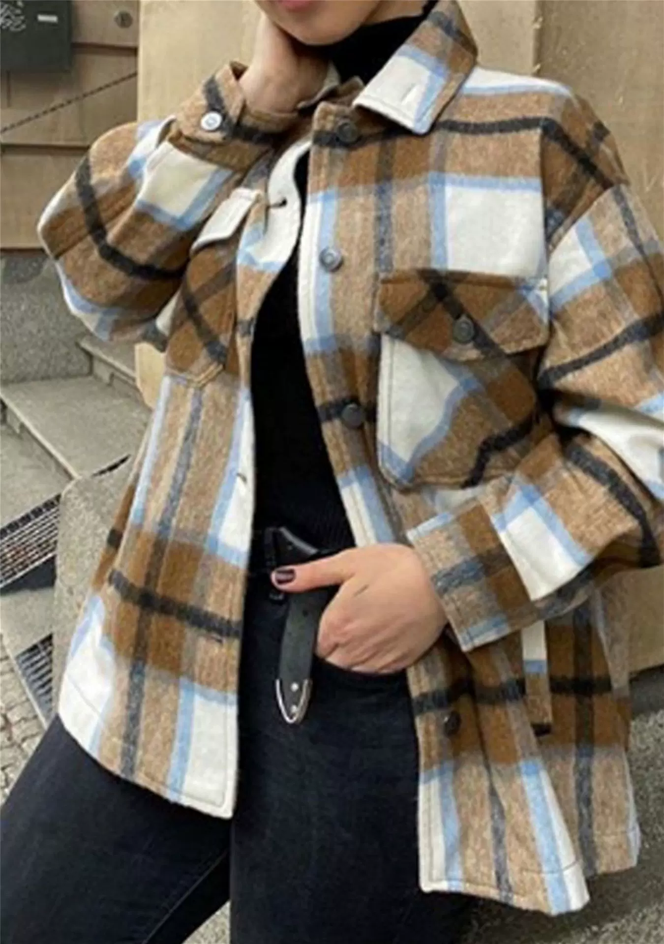 现货2022亚马逊格纹撞色长袖夹克女装欧美冬季时尚翻领单排扣外套