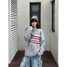 美式高街字母印花圆领毛衣男女秋冬季新款潮牌撞色宽松慵懒针织衫