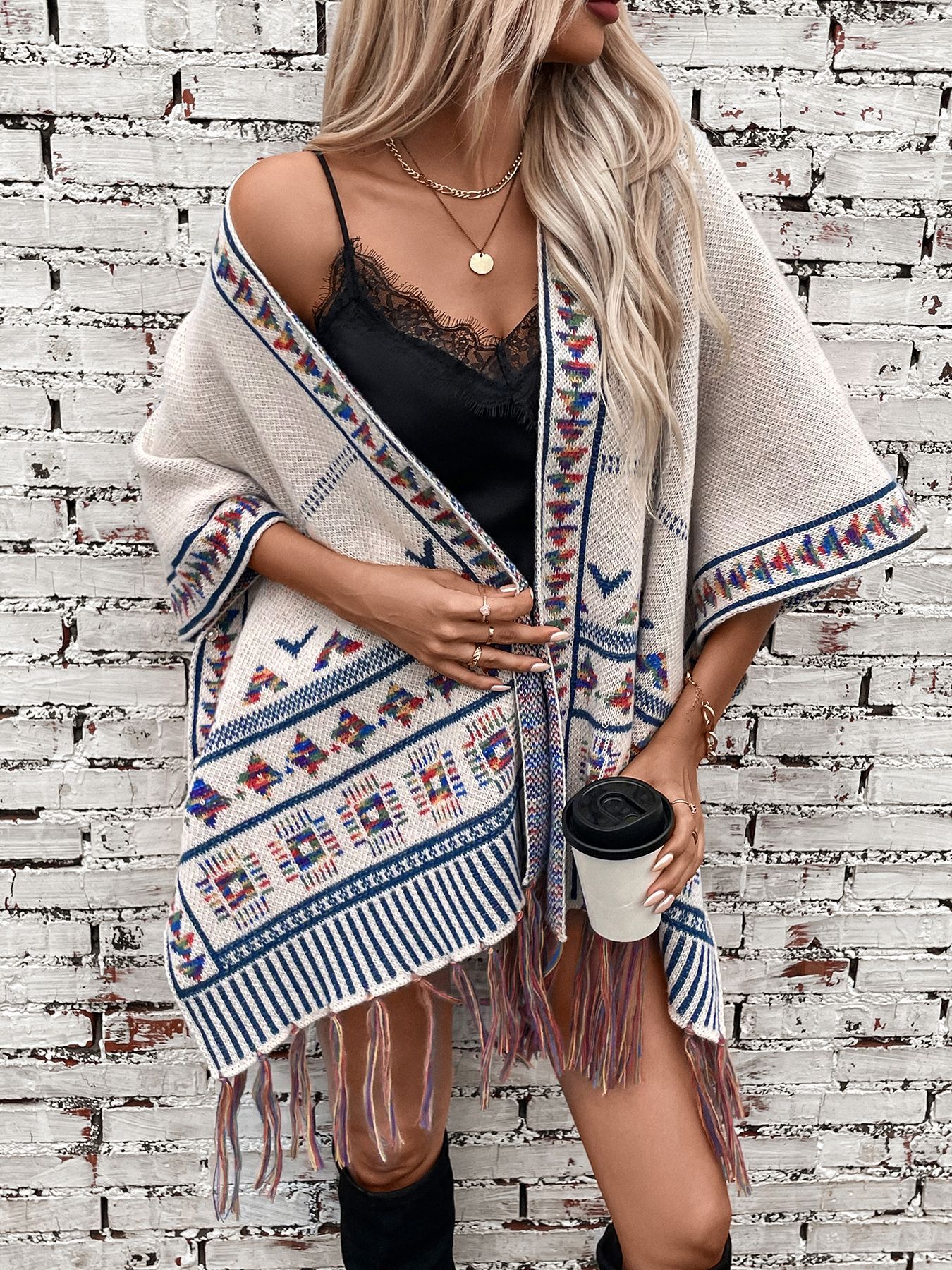 Grobstrick Damen Cape Mit Quasten Lässiger Jacquard Mantel_voghion.com