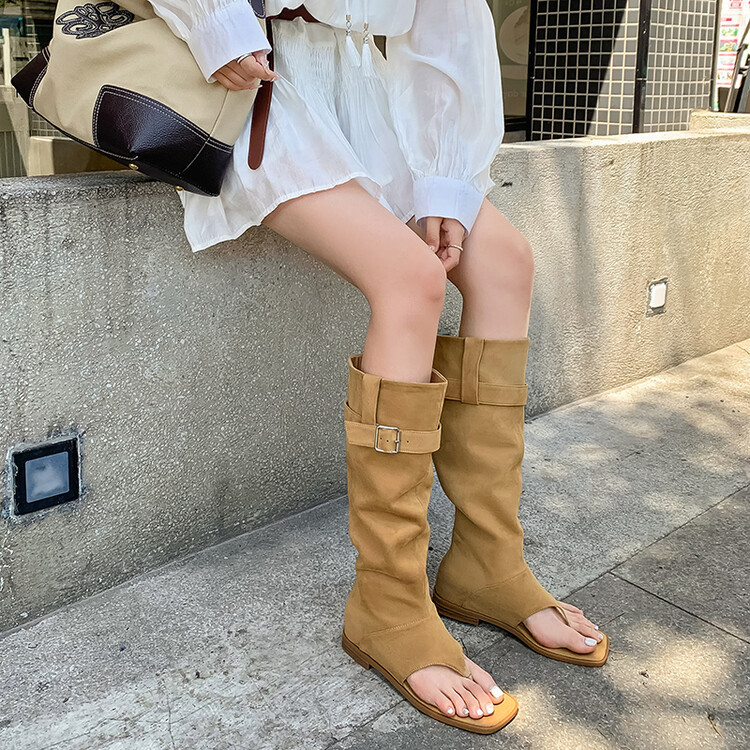 Boot nữ cổ cao ôm bắp chân da thật phong cách miền Tây — mơ, nâu chi tiết 21