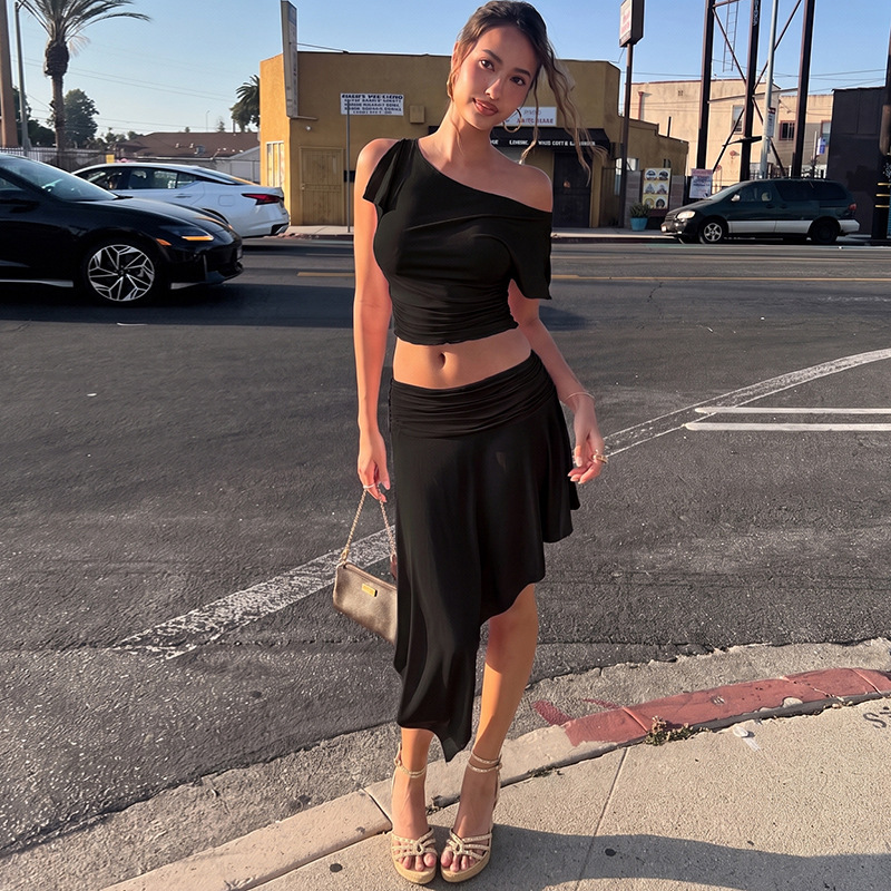 2026 Cross-Border European and American Summer New Style Solid Color Off-Shoulder Design with Slit Casual Sleeves Multi-Way Wear Women's Set