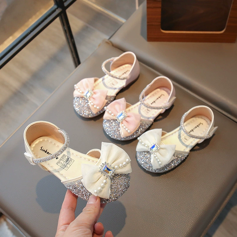 Принцесс обувь для девочек весна и осень 2025 новый тренд детская кожаная обувь хрустальная обувь мягкая подошва маленькая девочка бант одиночная обувь
