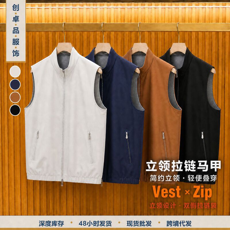 Cross-border in-stock European size double-sided vest for business men, Lyocell stand-up collar reversible zip-up vest