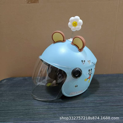 battery car four seasons universal — Motosiklet kaskı (dəbilqə) - blue-mickey-mouse-transparent-long-mirror-brown-bear-ears-small-flowers