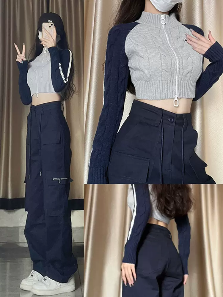 2025美式复古高街藏青工装裤女春秋爆款高腰直筒休闲裤