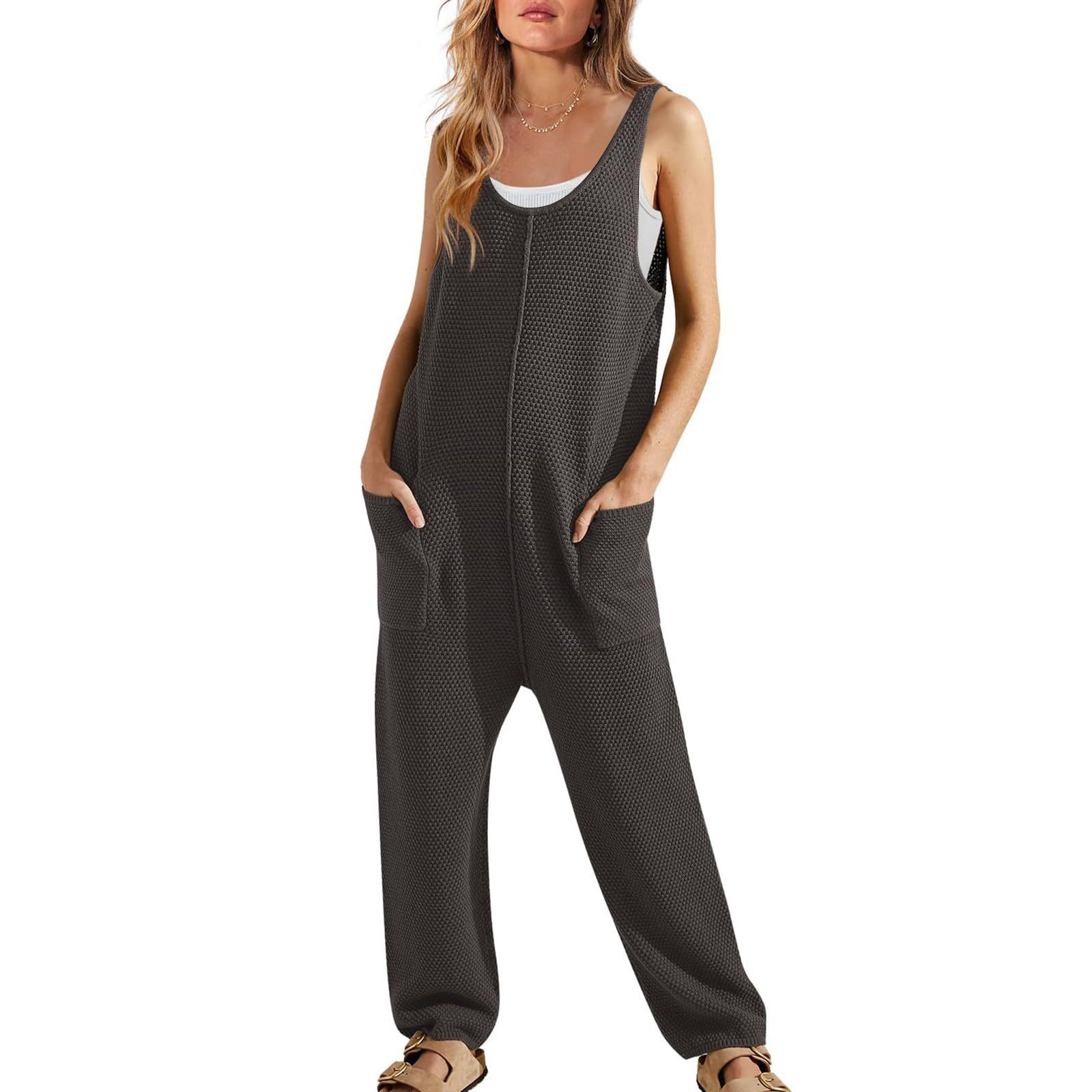 Primavera/Verano 2020 nuevo mono suelto casual de mujer sin mangas con cuello en U pantalones de una pieza Doble Bolsillo