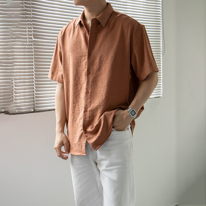能盟韩系铜氨丝麂皮衬衫夏季纯色雪花绒衬衣休闲中袖男装衬衫