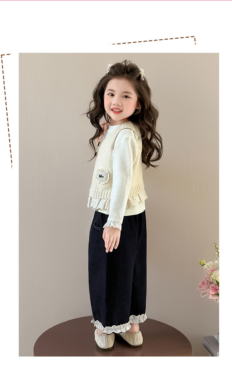 Dreiteiliges Strickwesten-Set für Mädchen, Herbst 2025, neue koreanische Kindermode, Strickweste und weite Hose_voghion.com