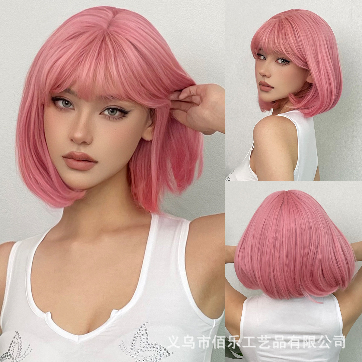 Dulce peluca Rosa Bangs pelo corto recto moda alta temperatura fábrica de seda al por mayor en stock Cosplay