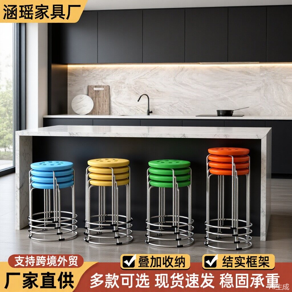 叠放收纳塑料圆凳子简约家用流水席餐桌凳加厚钢筋承重可叠高10层