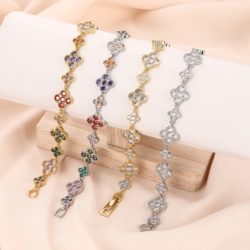 Cross-Border Hot-Selling Four-Leaf Clover Bracelet Shein Popular Colorfulful Zircon European and American Fashion Design Luxury Hand Jewelry Temu