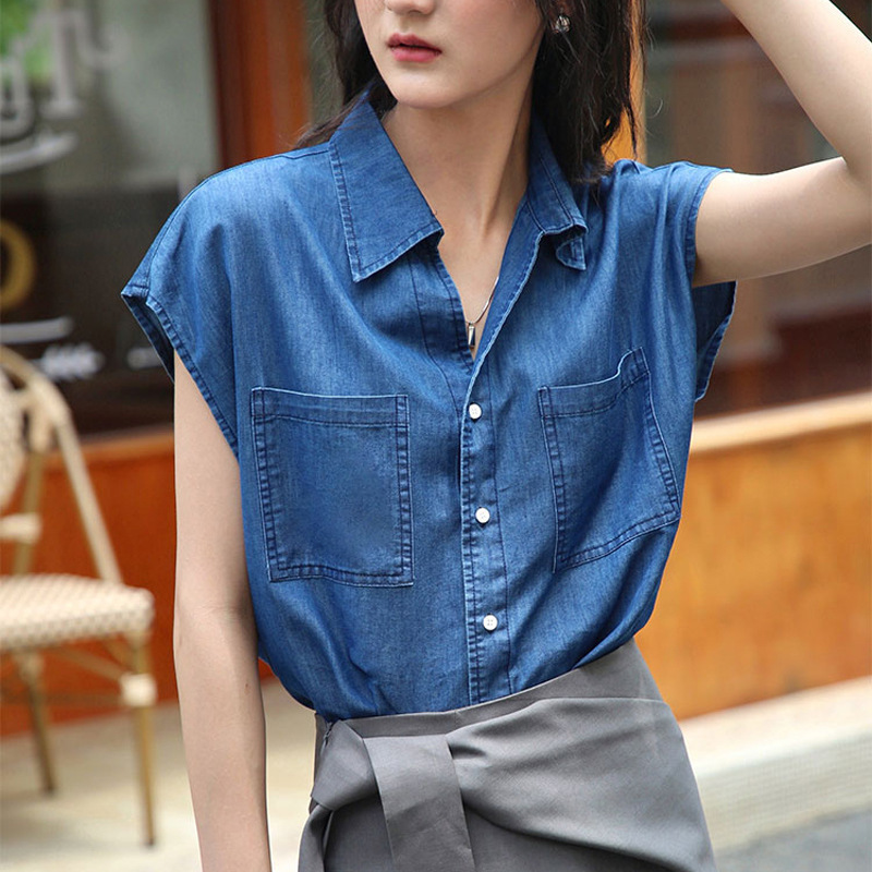 Vintage Denim Vest Small Shirt Summer Hong Kong-style Elegant Commuter Loose Women's Top All-match Sleeveless Denim Shirt