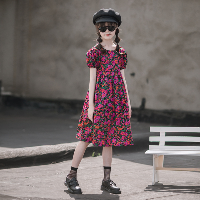 Falda floral para niñas 2024 verano nuevo estilo de algodón puro para niños con espalda abierta vestido de niña de manga corta falda de princesa coreana