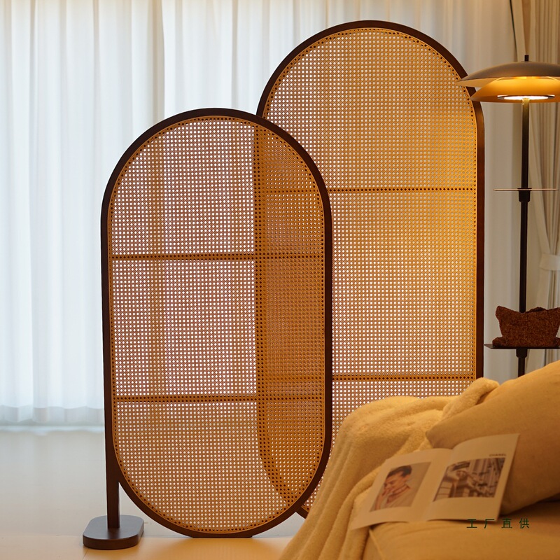 French-Style Screen Partition for Living Room, New Song Dynasty Rattan Folding Bedroom Bed, Retro Movable Entrance Facing the Door