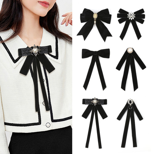 Black bow tie women's blouse, sweater top for autumn and winter, collar accessory, college style, high-end pin decoration