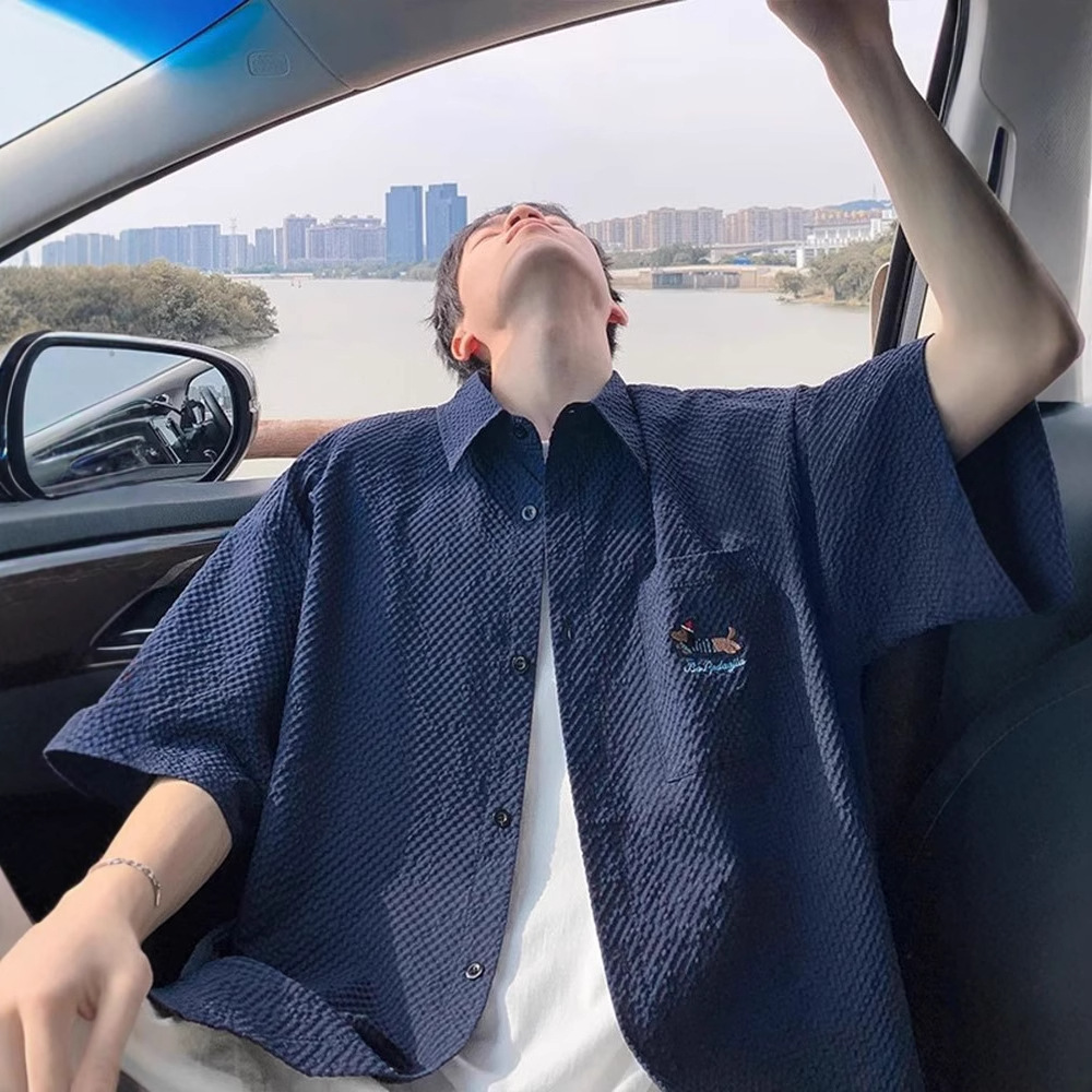 Seersucker Quick-Drying Short-Sleeved Shirt Men's Summer Thin Dachshund Embroidered Lapel Shirt Youth Half-Sleeved Jacket