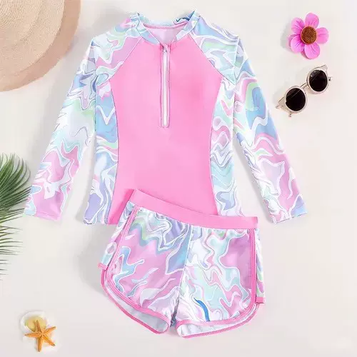 2026跨境儿童泳衣女童分体长袖泳衣时尚新款中大童亚马逊外贸泳装