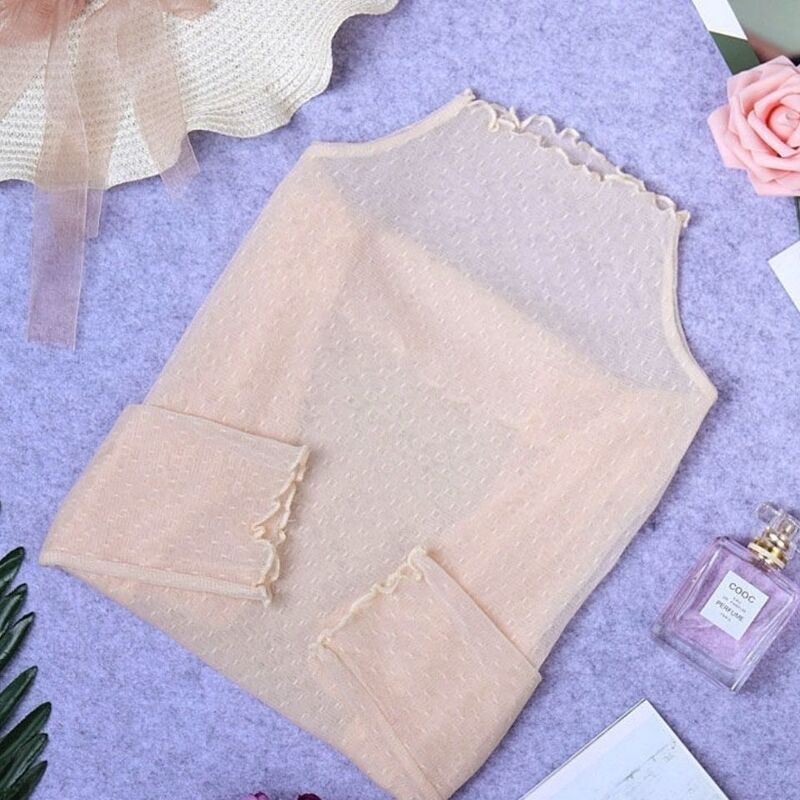 Wave-Dot Lace Bottoming Shirt with Mesh Half Turtleneck Transparent Top and Tulle Wave-Dot Lace Bottoming Shirt with Mesh Half Turtleneck Transparent Top and Tulle