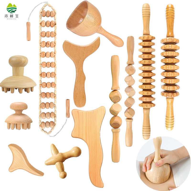 Wooden Massage Tools榉木按摩擀筋棒亚马逊瑞典杯滚轮骰子刮痧板