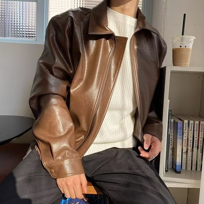 Vintage Short Leather Jacket Men's Loose Locomotive Suit Trendy Brand Pilot Leather Jacket Jacket_viptrois.com