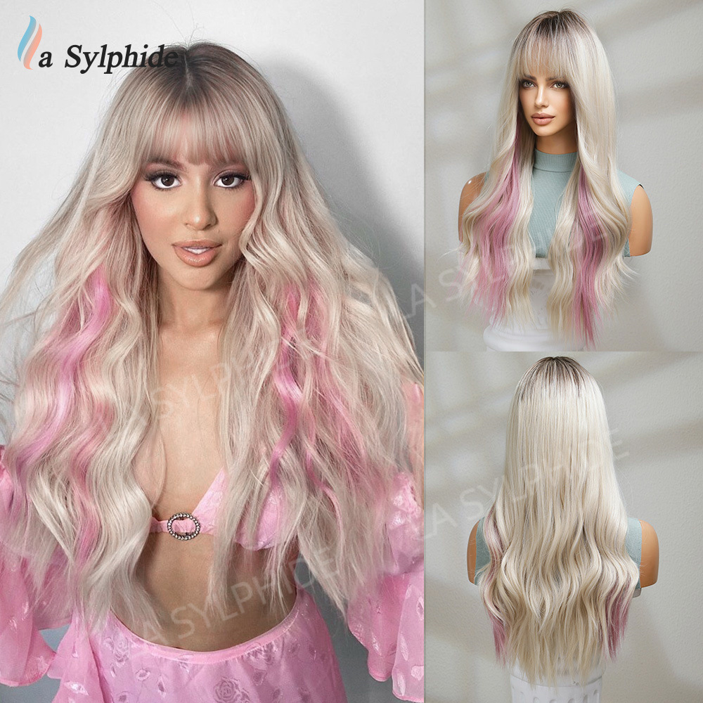 Temu cross-border Long curly hair wig women's bangs pink white gold rose net full head cover Long wig