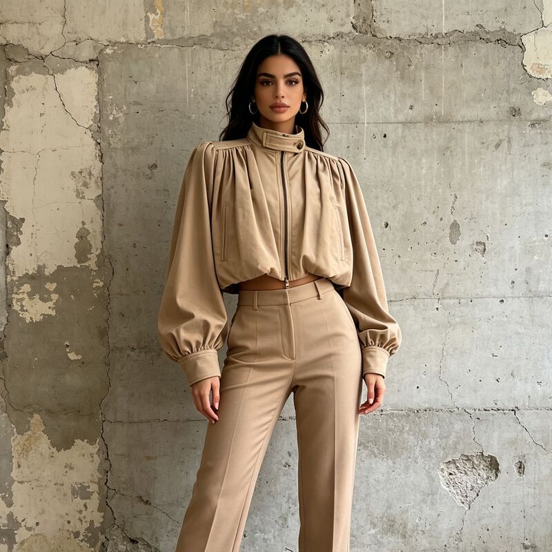 Fashionable and simple style versatile jacket, 2026 autumn new model, solid color, ruched lantern sleeves, stand-up collar, short jacket Fashionable and simple style versatile jacket, 2026 autumn new model, solid color, ruched lantern sleeves, stand-up collar, short jacket