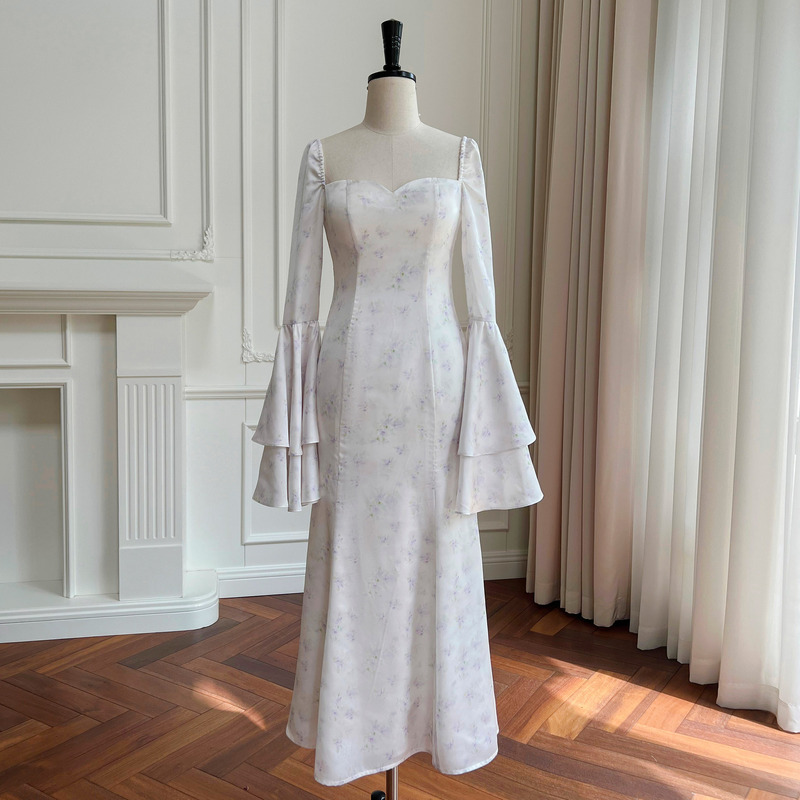 Elegant Double-layer Horn Sleeve Long dress Women's Elegant Dating Party Daily Wear Floral Fresh 68537