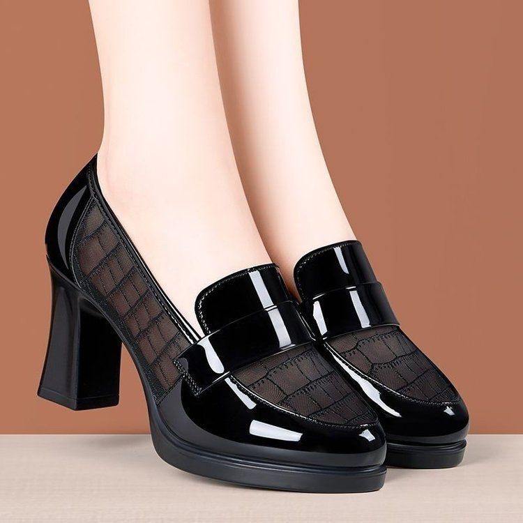 Mesh Breathable High-Heeled Shoes for Women 2026 Spring and Summer Hollow-Out Soft Leather Single Shoes Mid-Heel Soft Leather Soft Sole Chunky Heel Loafers