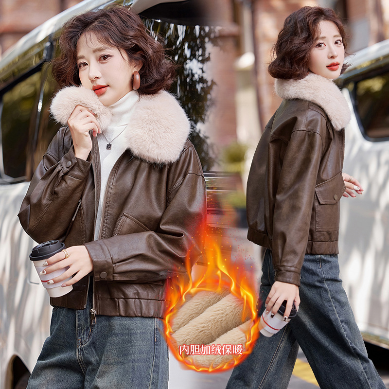 Counter Sheepskin Leather Jacket Women's Short Style 25 New Fashion Fleece-Lined Warm Women's Versatile Age-Reducing Motorcycle Jacket Wholesale