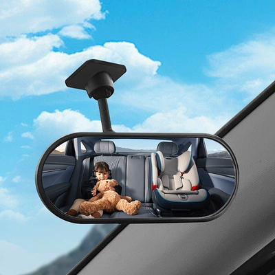 The car interior is equipped with a rear-view mirror. Large wide-angle adhesive type in-car baby observation and reversing large field of view auxiliary mirror