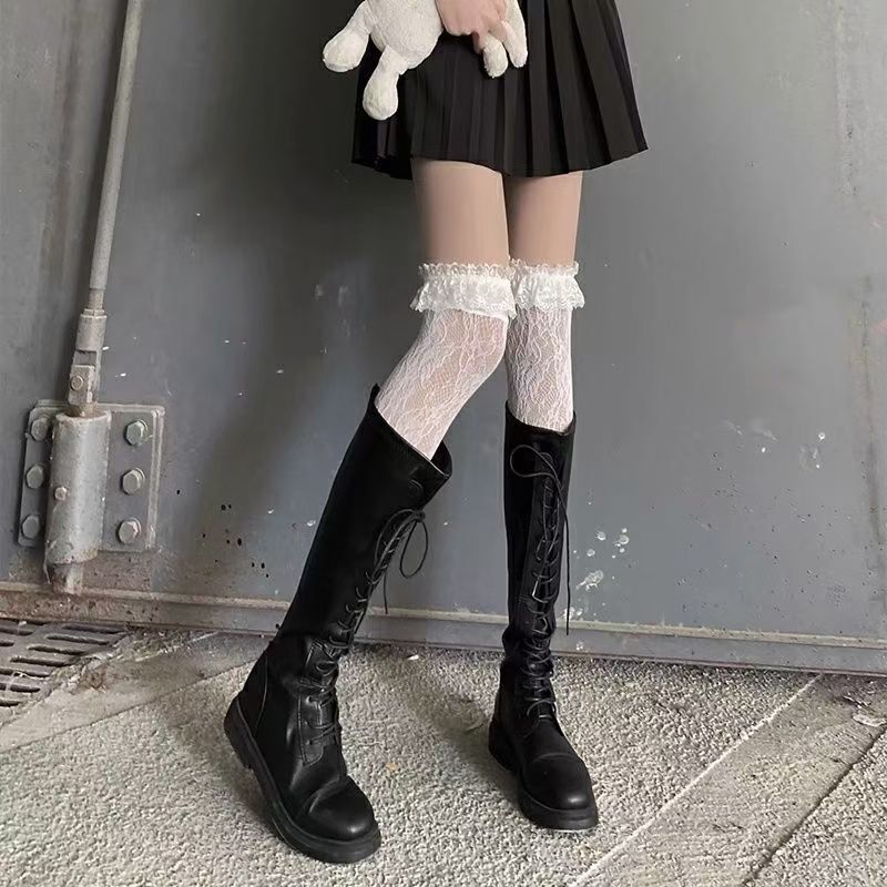 Lace Socks for Women, Mid-Calf Socks, White Slouch Socks, Paired with Mary Jane Leather Shoes, Suitable for Weddings and Spring/Autumn, Versatile Style Lace Socks for Women, Mid-Calf Socks, White Slouch Socks, Paired with Mary Jane Leather Shoes, Suitable for Weddings and Spring/Autumn, Versatile Style