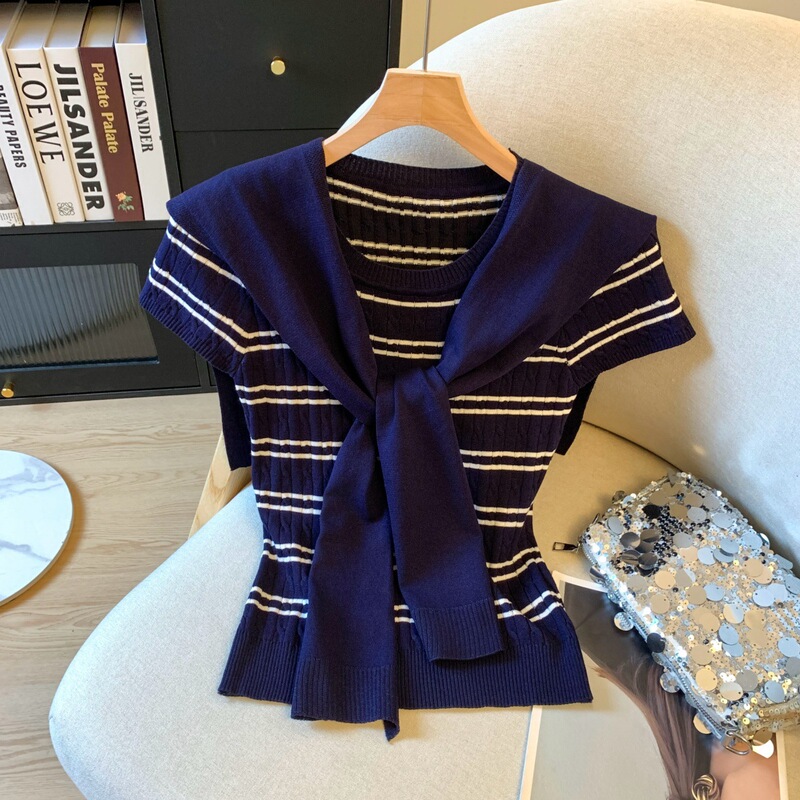 French-Style Navy Collar Round-Neck Striped Knit Short-Sleeve Women's Summer Color-Block Slim-Fit Shawl Top