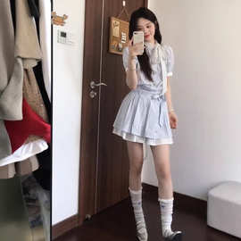 夏季新款拼接撞色条纹衬衫短袖连衣裙女夏季新款修身显瘦通勤短裙