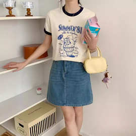 夏新款休闲韩版上衣打底卡通猫撞色休闲学生短袖T恤女