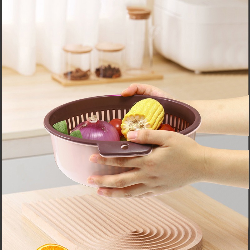 Nueva cesta de drenaje de doble capa de color de la cocina cesta de lavado de verduras de plástico hueco conjunto de drenaje de plástico multifuncional