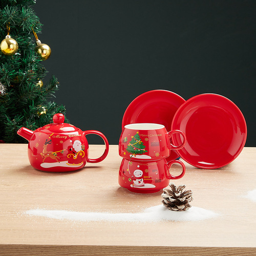 Amazon Best-Selling Gold Plated Tea Set Christmas Gift One Pot Two Cups Ins Christmas Teapot Set 