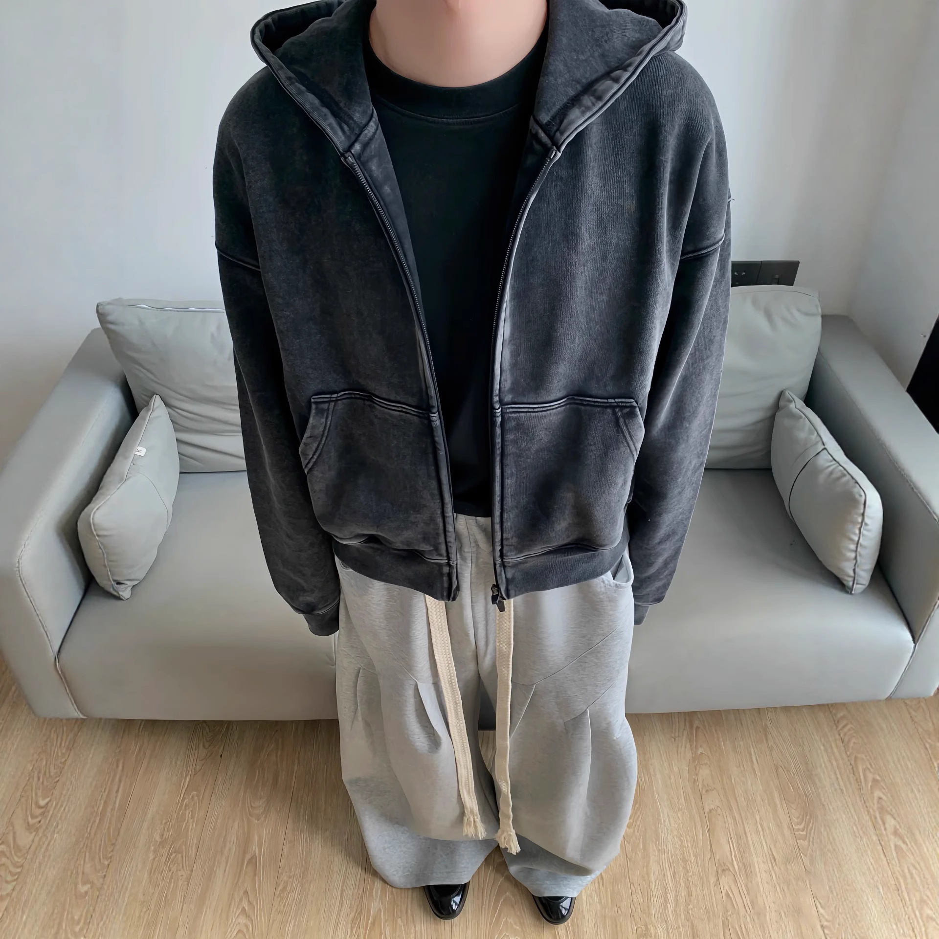 高货450g重磅短宽版型水洗做旧炒色秋冬纯棉毛圈拉链连帽卫衣外套