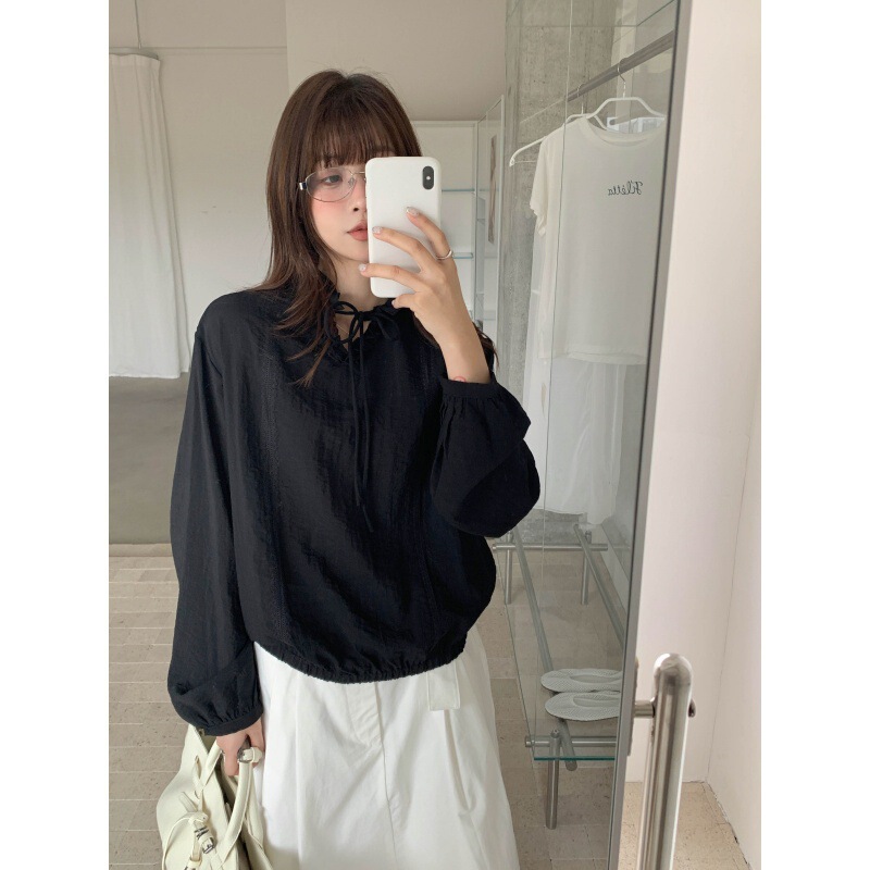 Gagd French Lace Collar Shirt for Women, Relaxed Slightly Wrinkled Bow Tie Long-Sleeved Sun Protection Shirt 26 Spring Style