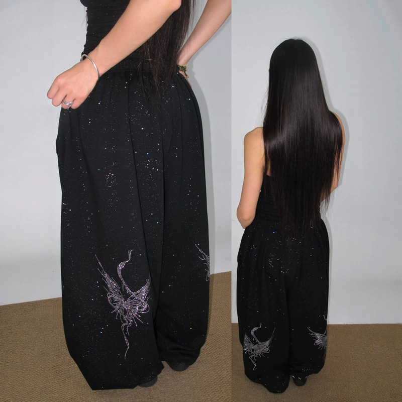 American-style street dance casual pants with rhinestone embellishments, loose-fitting wide-leg pants for women, trendy jazz dance and workout pants American-style street dance casual pants with rhinestone embellishments, loose-fitting wide-leg pants for women, trendy jazz dance and workout pants